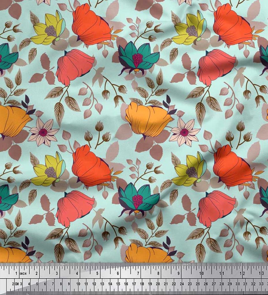 Soimoi Japan Crepe Satin Fabric Leaves & Floral Artistic Fabric Prints By Metre 42 Inch