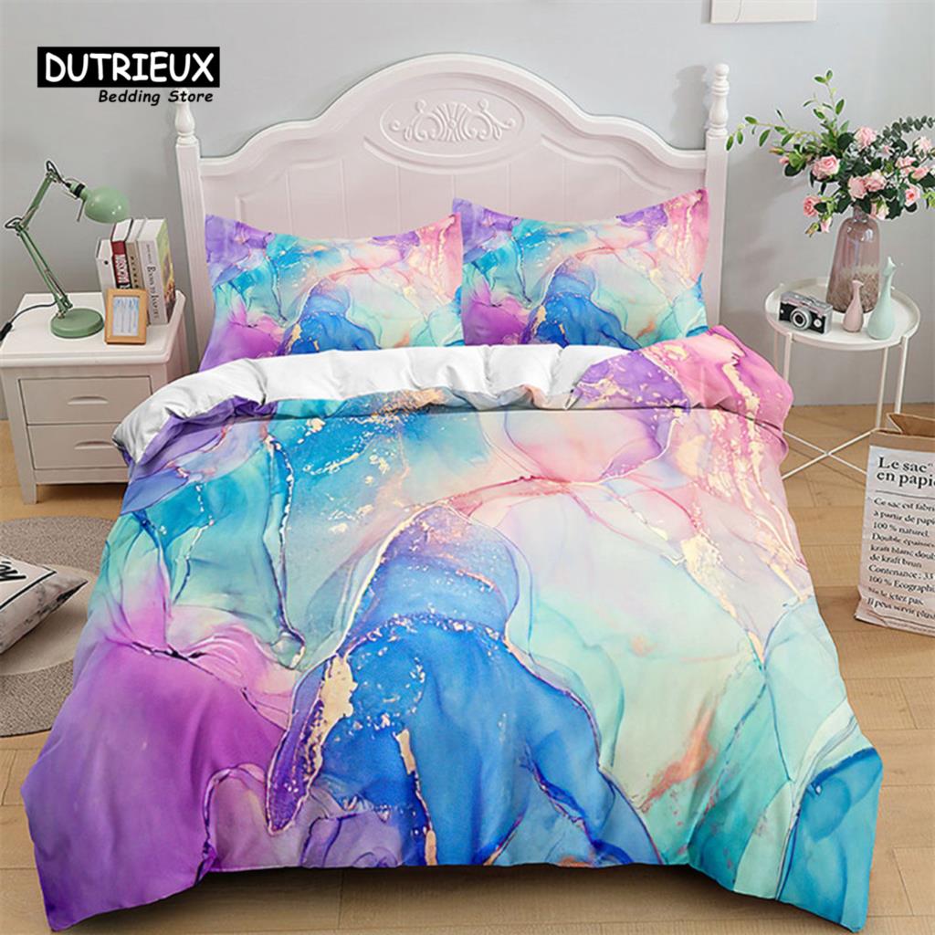 Colorful Marble Duvet Cover Abstract Geometric Bedding Set King Queen For Adults Kids Bedroom Decor Microfiber Comforter Cover