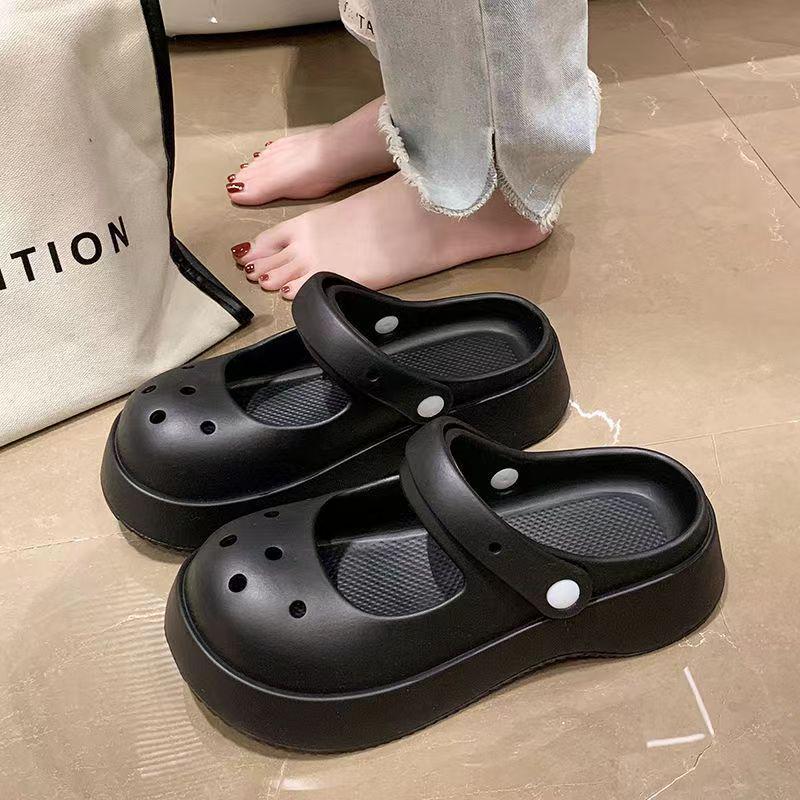 Женские модные черные сандалии 2023 года с закрытым носком и толстой подошвой, нескользящие