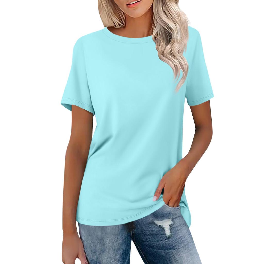 Женская модная повседневная однотонная блузка с круглым вырезом и коротким рукавом