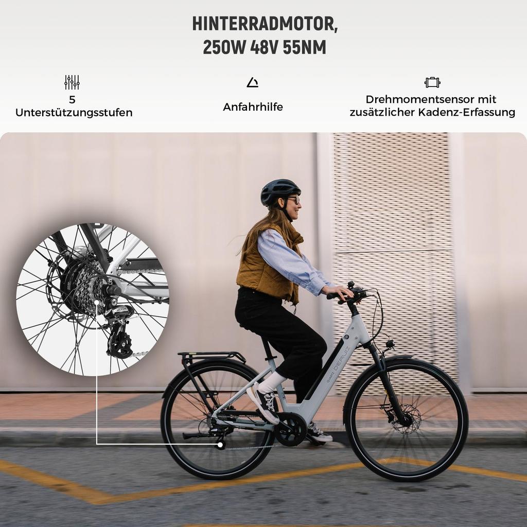 Electric Bike DERUIZ Quartz 28'' 250w Motor City Ebike - 48V 13.4Ah Battery Up to 161km Range, Hydraulic Brakes, Torque Sensor, 8 Speed, White