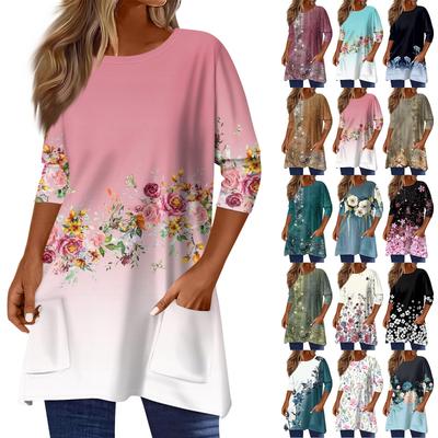 3/4 рукава кармана топы для женщин футболка повседневный принт средней длины топы футболка круглый вырез пуловер блузка