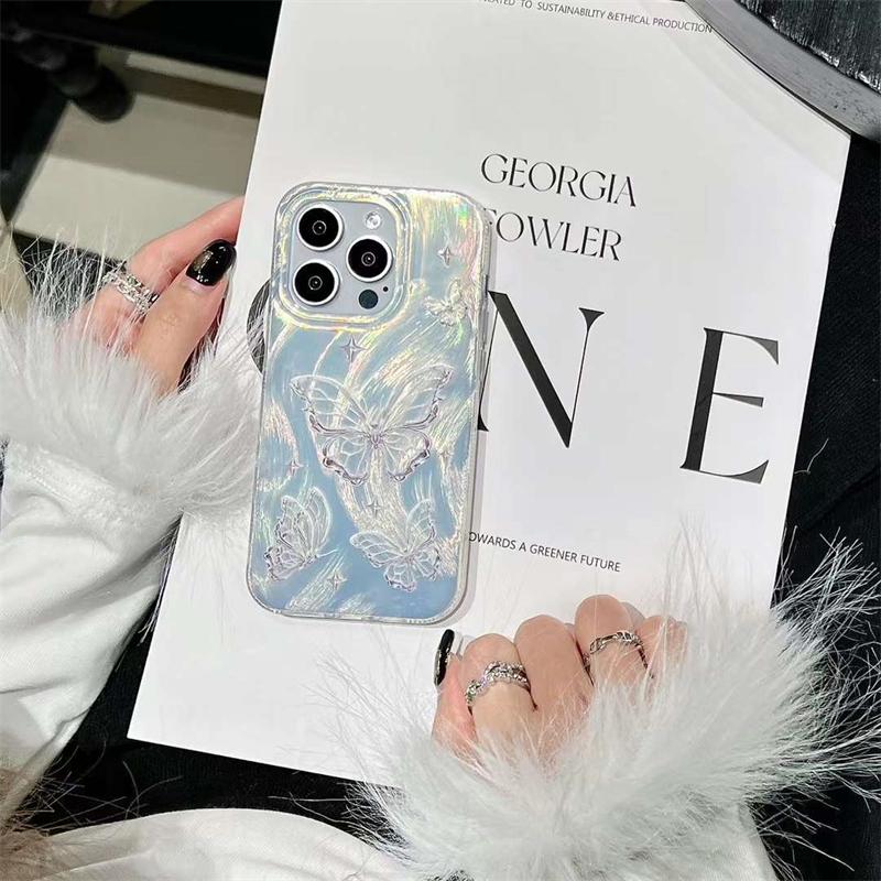 Корейский чехол для телефона с лазерным рисунком ракушки и перьями бабочки для iPhone 15 13 Pro Max 14 Pro 12 11, роскошный блестящий чехол