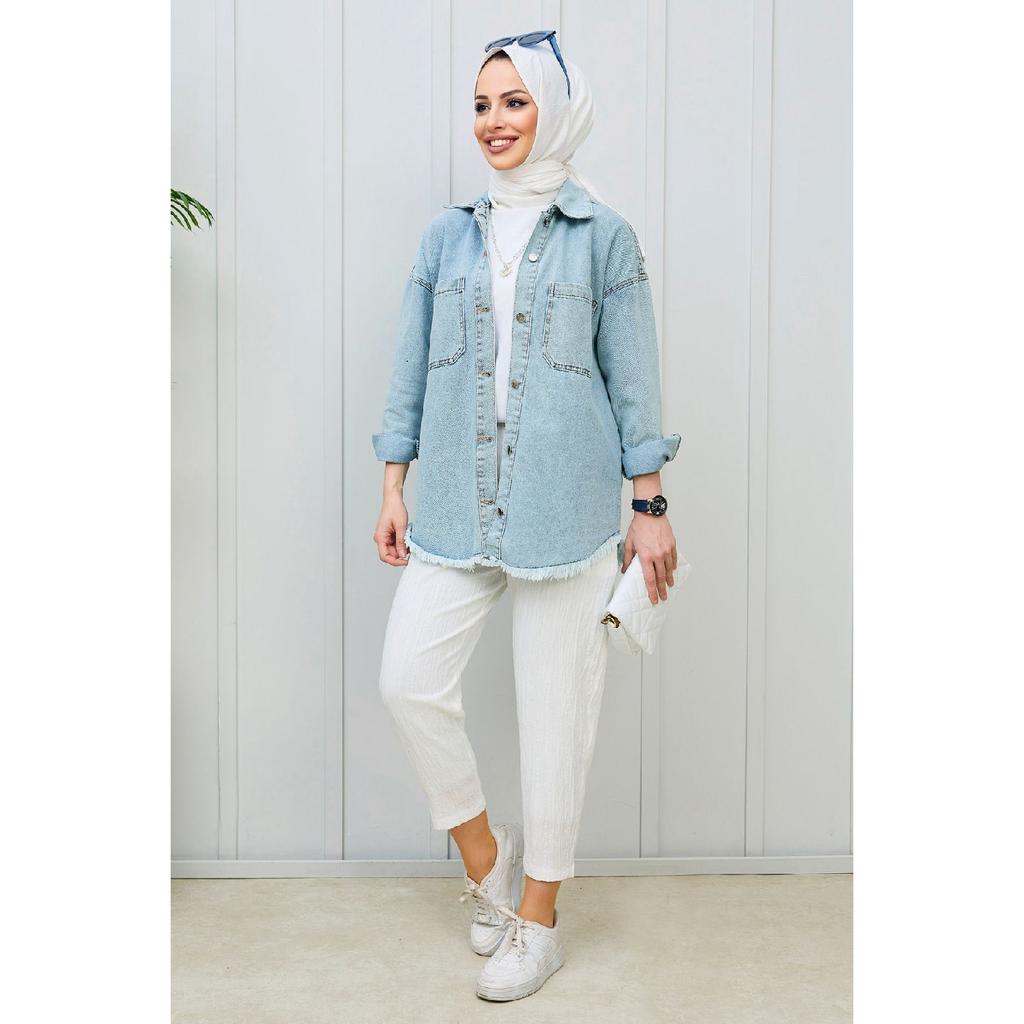 Женская синяя джинсовая рубашка с прямым рубашечным воротником — 11394