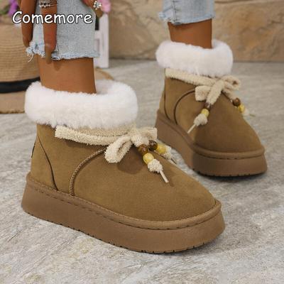 Модные ботинки-угги с бисерной отделкой в богемном стиле, с бантом, женские, 2025, зимние, теплые, на коротком плюшевом подкладе, слипоны, модные ботильоны из искусственного меха