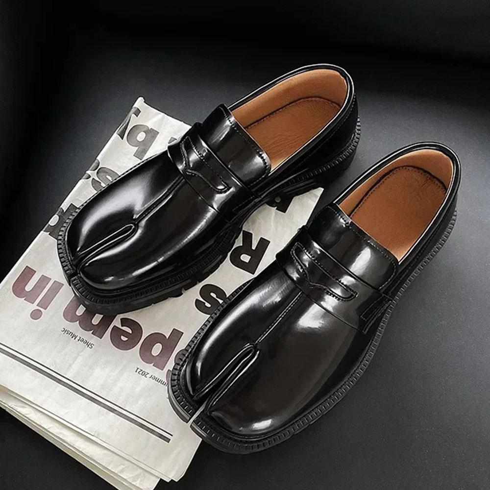 Лоферы с раздельным носком для женщин и мужчин. Туфли-таби. Лоферы на платформе и толстом каблуке. Повседневная кожаная обувь. Большой размер 46.