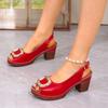 Fashion Plus Size Women's Sandals Summer New Round Toe Open Toe Metal One Word Buckle Soft Sole Block Heel Fish Mouth High Heels