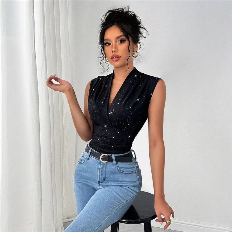 Летняя женская блузка с V-образным вырезом без рукавов, элегантная, с блестящими пайетками, для вечеринок, мероприятий, повседневной носки, стильный и удобный сезонный наряд для женщин