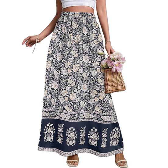 Women Maxi Skirt High Waist A-Line Style Floral Print Long Skirt