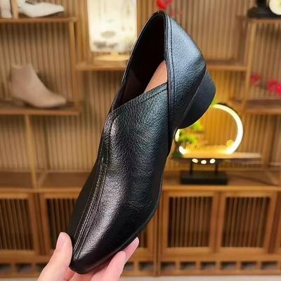 2025 ретро стиль толстый каблук мелкий вырез плоская подошва одинарная обувь осень новая французская на одной педали удобная мягкая подошва женская кожаная обувь