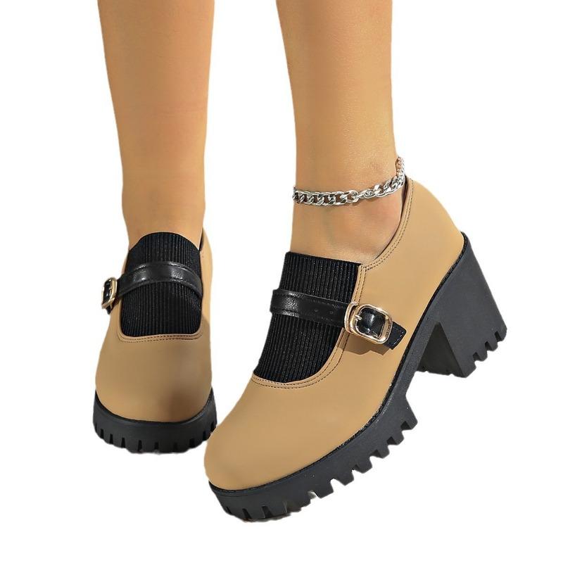 Large Size High-heeled Single Shoes Women's Autumn New Fashion Round Head One-word Buckle Thick-heeled Women's Shoes