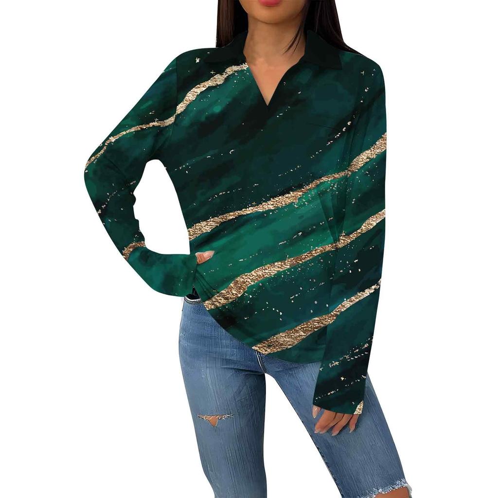 Женская модная повседневная футболка с длинным рукавом и V-образным вырезом в полоску с принтом и лацканами