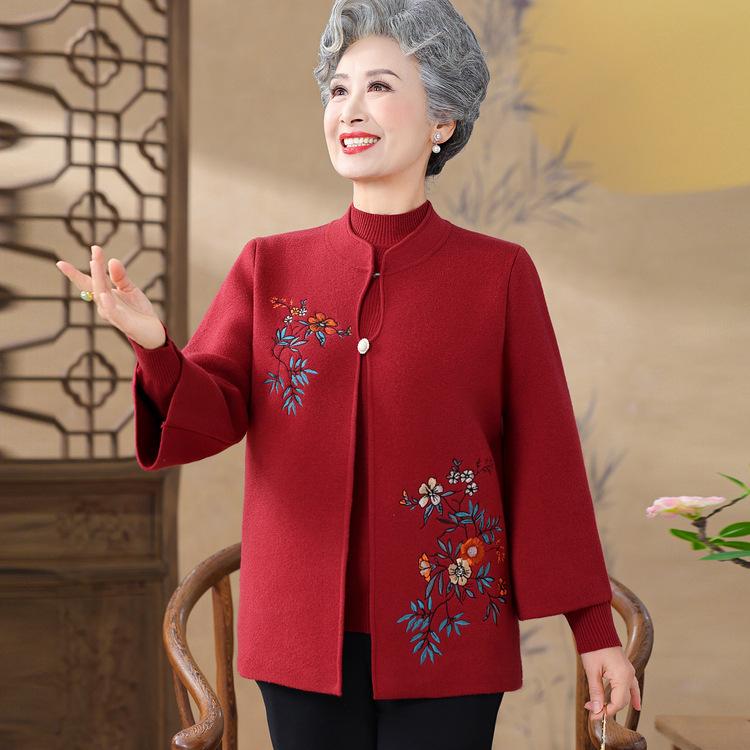 Пожилая Осенняя Одежда Женский Костюм-двойка Мама Свекровь Бабушка Свитер Кардиган Пожилая Женщина Весна и Осень Вышитая Куртка