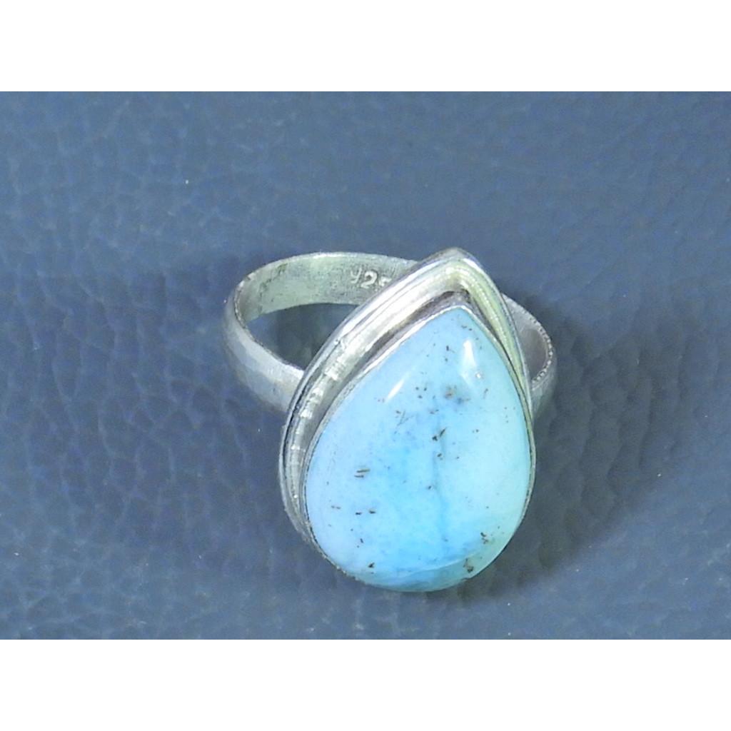 Natural Blue Larimar Solid 925 Sterling Silver Handmade Pear Ring Size US-9 MK-24