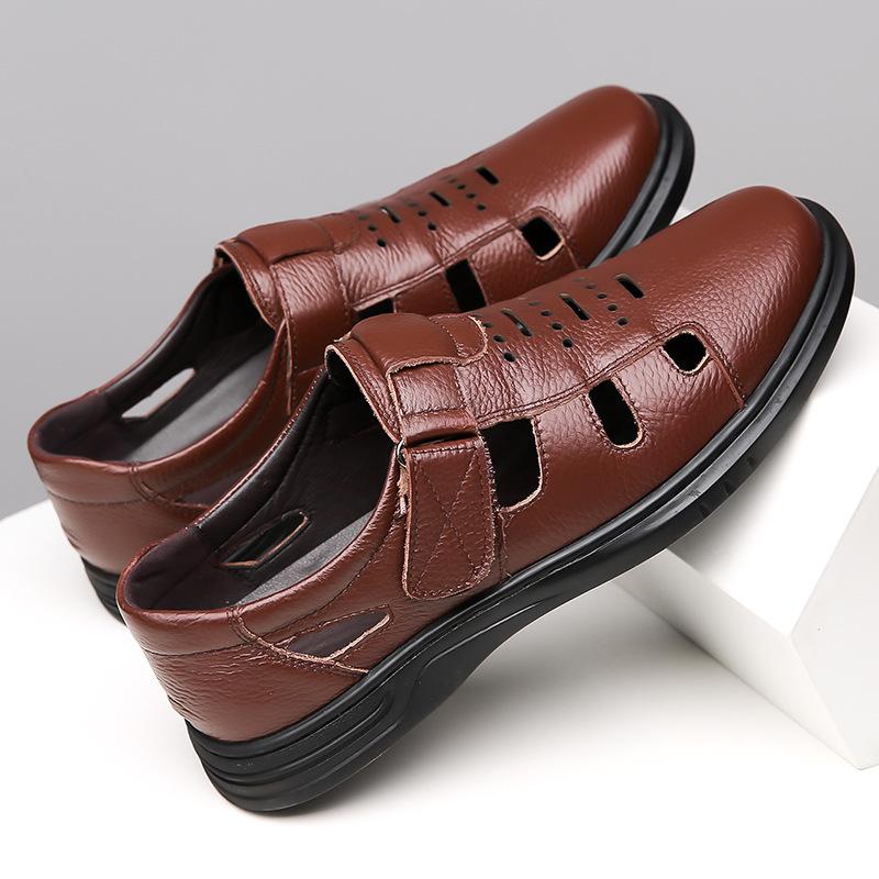 Men's Shoes Summer New Leather Breathable Dad Shoes Middle-aged Men's Hollow Leather Shoes Non-slip Soft-soled Leather Sandals Men