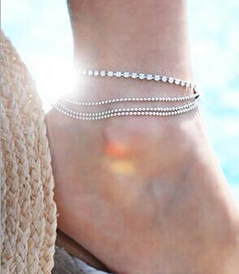 Trendy Summer Multi-Layer Metal & Bead Chain Anklet with Flash Diamonds