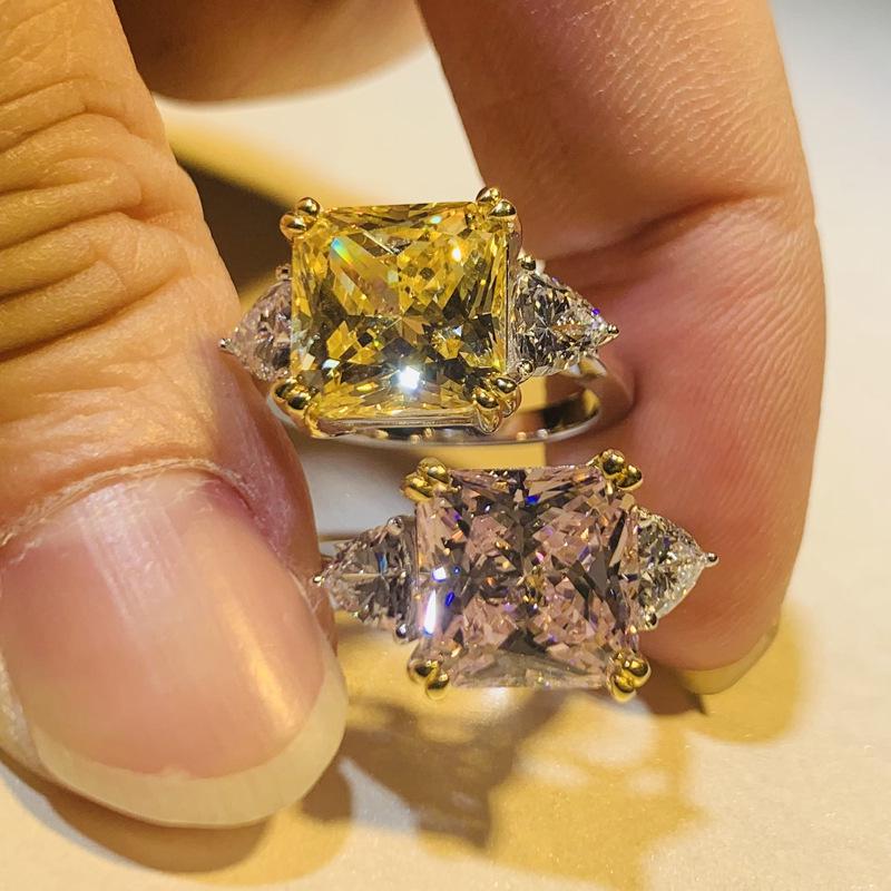 Кольцо-симуляция с желто-розовым бриллиантом огранки «кушон» 5 карат из стерлингового серебра 925 пробы от храма Луоси для женщин