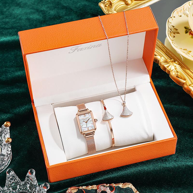 Dropshipping Ladies Luxury High Quality Wristwatch Bracelet Necklace 3 in 1 Valentine's Day Gift Set Women Quartz Watches Set