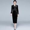 Women's New Autumn V-Neck Long Sleeve Velvet Slim Bodycon Dress Black High Waist Fashion Long Midi Office Work Pencil Dresses