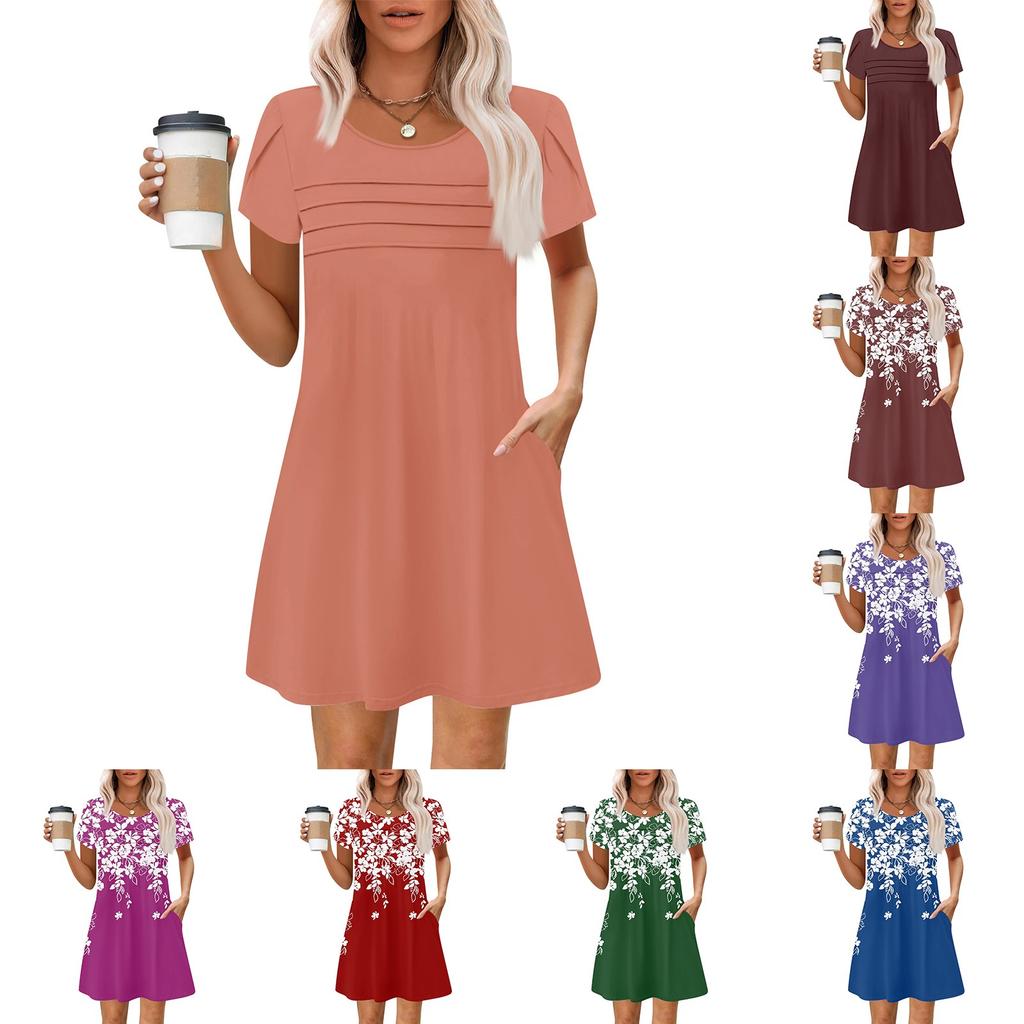 Women's Summer Casual Petal Slim Stripe Pleated Solid Color Dresses