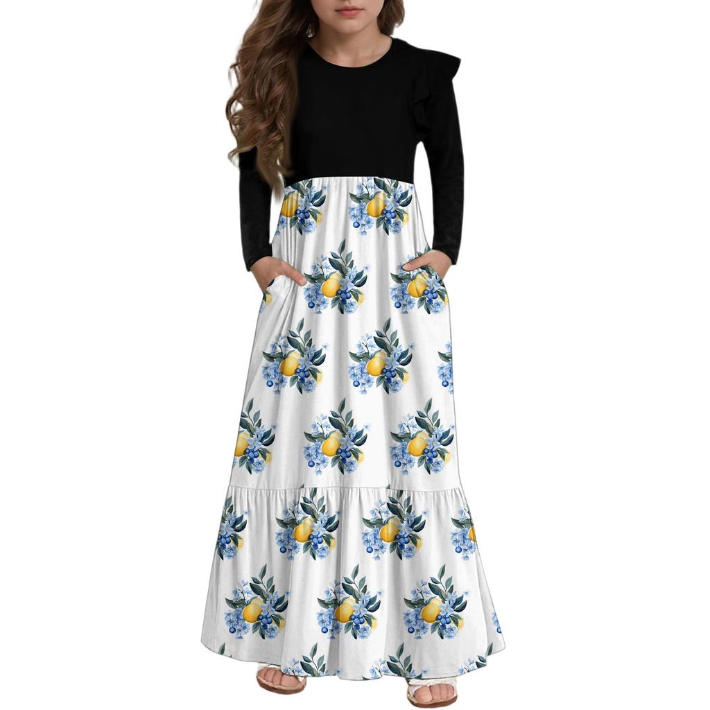 Girls' Tiered Ruffle Dress - Long Sleeve Printed Maxi With Pockets