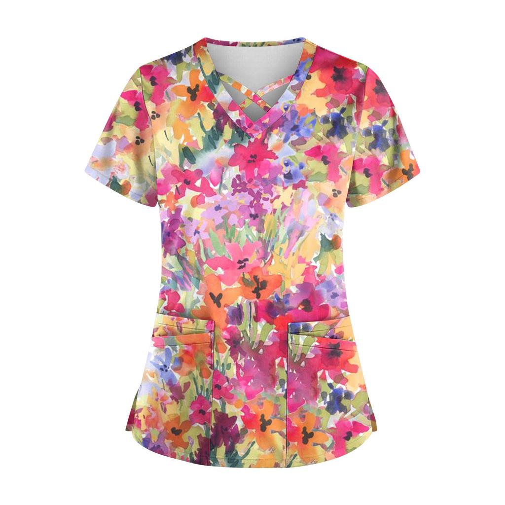 Плюс размер, милая рабочая форма с принтом, топы для женщин, забавные футболки с перекрестным v-образным вырезом и короткими рукавами, рабочая одежда, футболка с карманами