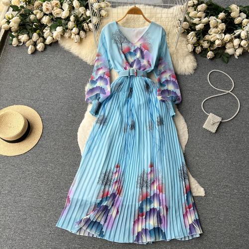 French Chic Dress for Women V-neck Plant Printed Lantern Sleeve Pleated Long Dresses Autumn Dress Female A-line