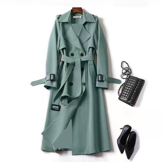 Осень-зима Женский Тренчкот Отложной Воротник Однотонный Двубортный с Поясом Средней Длины Свободный Термобелье С Длинными Рукавами Для Езды На Работу И Свидания