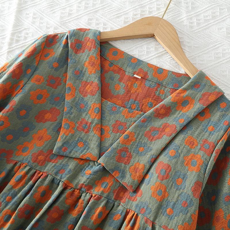 New Japanese Women's Spring and Summer Nightgown 100% Cotton Large Flower Skirt Simple Large Size Retro Home Dress