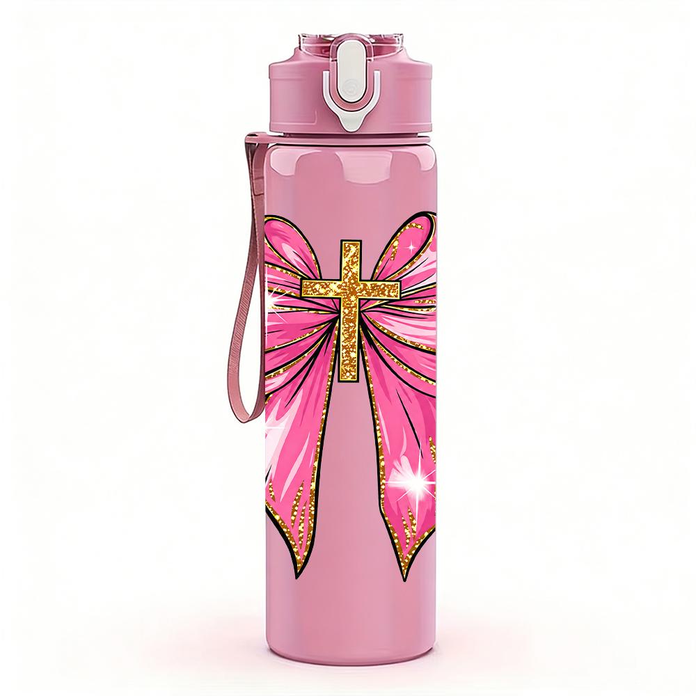 1PC Shiny Large Pink Bow 750ml Color Plastic Sports Water Bottle Leakproof Flip Straw Lid Suitable for Sports Office Home Use