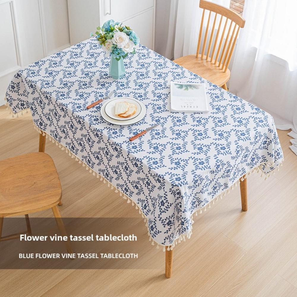 Скатерть с принтом, имитация хлопка и льна, кружевная скатерть с бахромой, прямоугольная фоновая ткань с изображением цветов и лозы