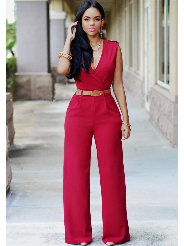 Летний однотонный комбинезон без рукавов с высокой талией и V-образным вырезом для женщин