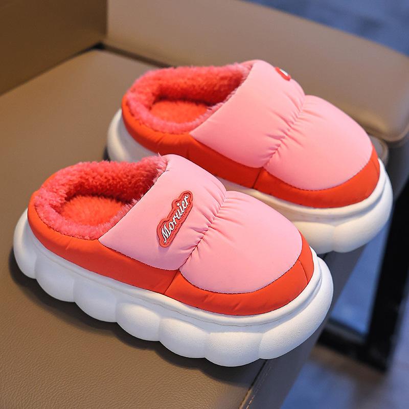 Children's cotton slippers for boys, winter plush and thickened, girls' furry parent-child anti-slip baby down fabric waterproof cotton shoes