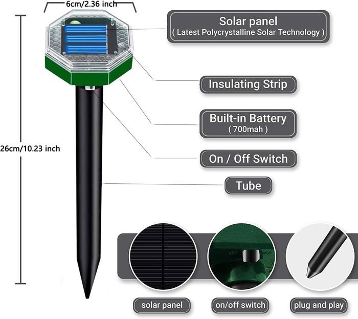 Anti Taupe Solaire, 8 Pièces Taupe Ultrason Solaire, IP65 Étanche Répulsif Taupe Ultrason, Repulsif Serpent Exterieur
