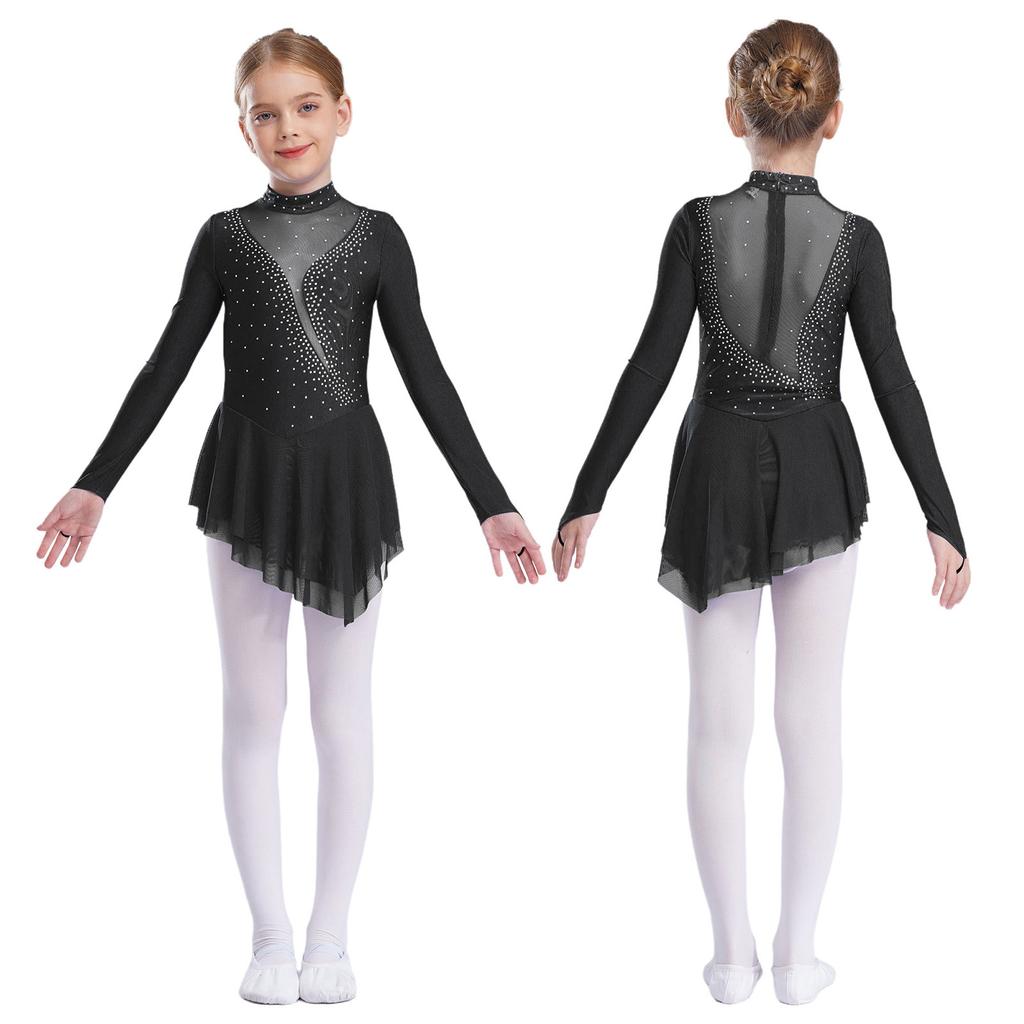 Kid Girls Figure Ice Skating Dress Long Sleeve Irregular Hem Leotard Dress Stage Performance Costume
