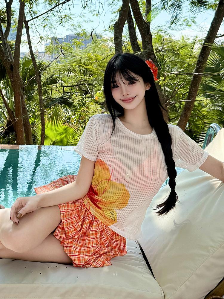 Hot spring swimsuit for women, slightly curvy four-piece outfit to cover up flesh, sexy small bust, pure and conservative skirt, seaside vacation