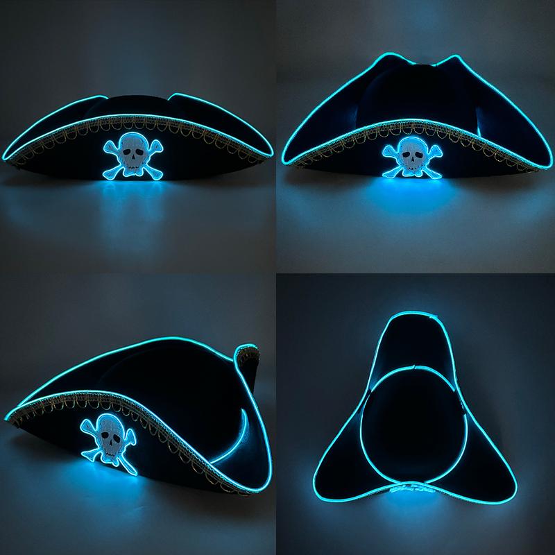 LED Halloween Pirate Hat Glow in the Dark Luminous Captain Cap Adult Size Cosplay Party Hats Carnival Festival Supplies
