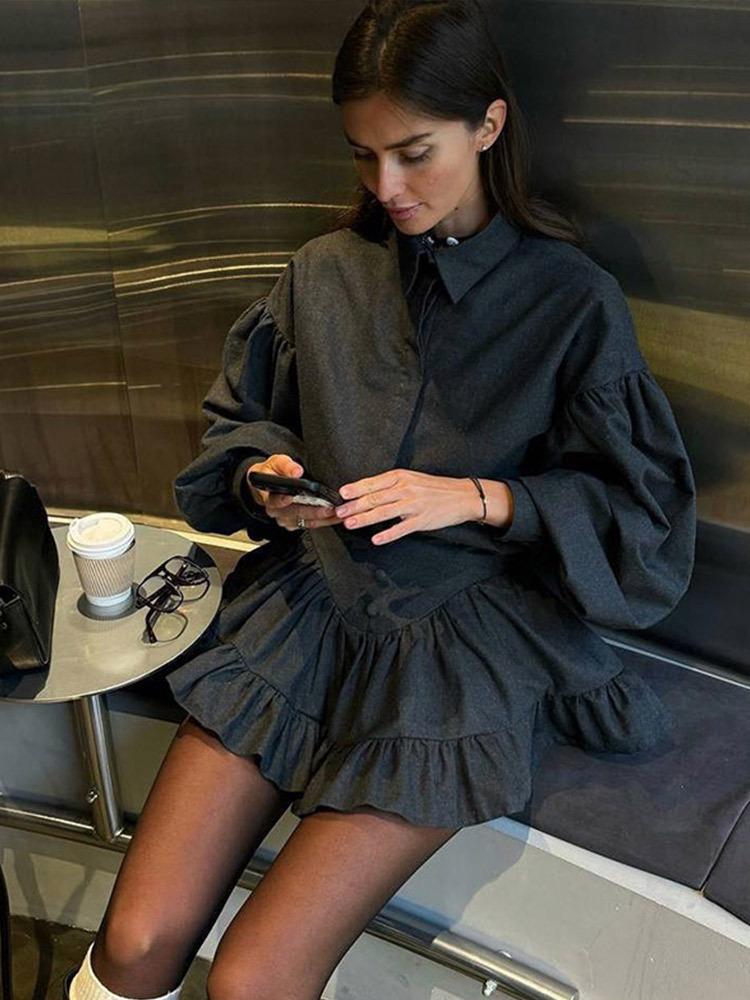 Комплект рубашки с отложным воротником и мини-юбки с оборками, европейско-американский, для сезона весна/лето 2025