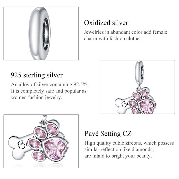 WOSTU Real 925 Sterling Silver Dog Paw Footprint Bead Pink Zircon Bone Charm Fit Original Bracelet Pendant Jewelry