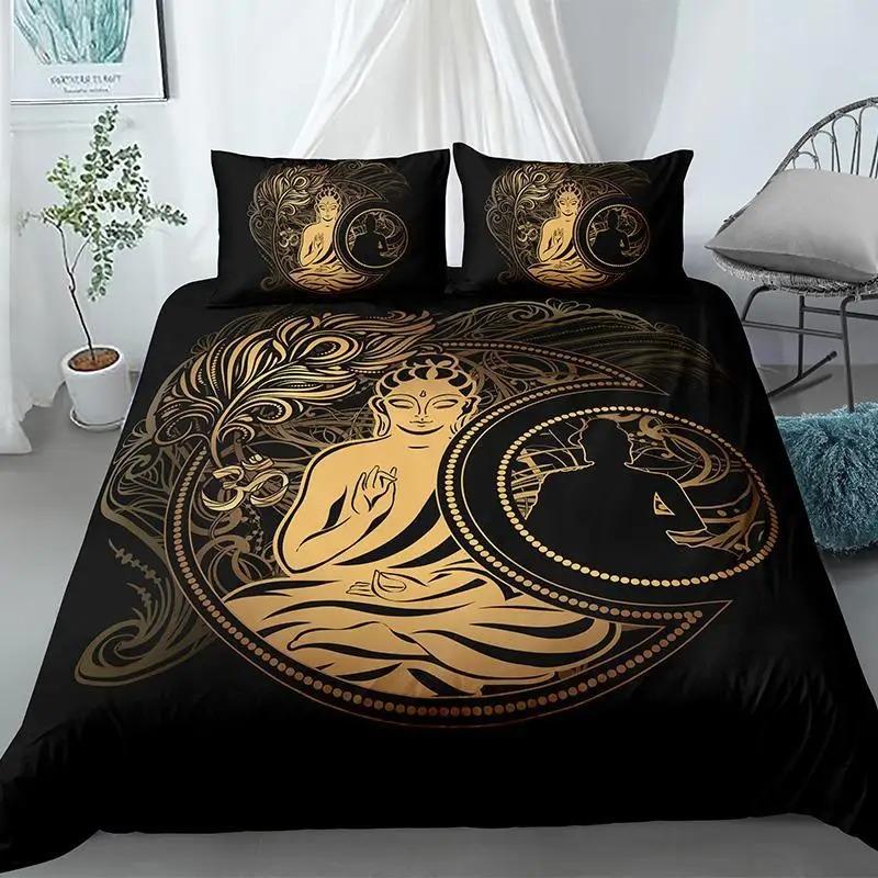 Buddha Duvet Cover Collection King Size Exotic Ethnic Bohemian Bedding Collection Microfiber Golden Buddha Statue Print Gorgeous Quilt Cover