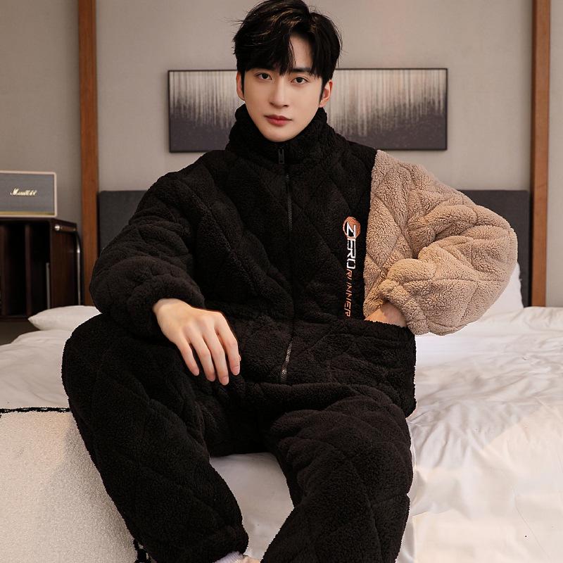 Men's Three-Layer Thickened Cotton Winter Pajamas - Warm, Simple, Luxury, and Suitable for Indoors and Outdoors.