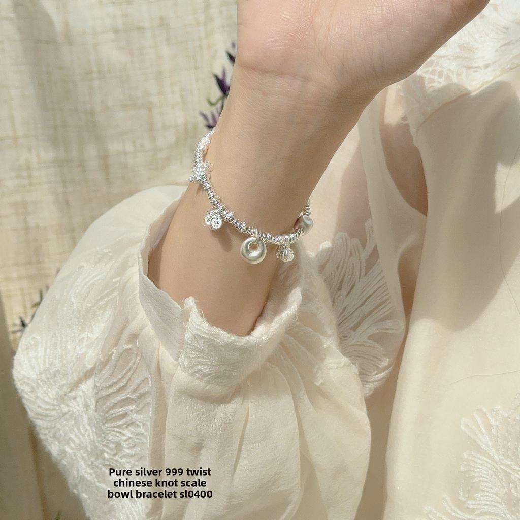 Pure Silver 999 Wheel Entanglement Chinese Knot Weight Bracelet