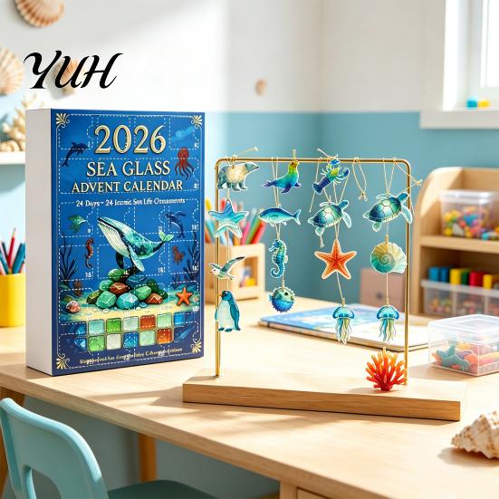 Home Decoration Accessories Sea Life Advent Calendar 2026, 2D Christmas Countdown Box with 24 Days Surprise Unboxing Ocean Animal Acrylic Pendants,
