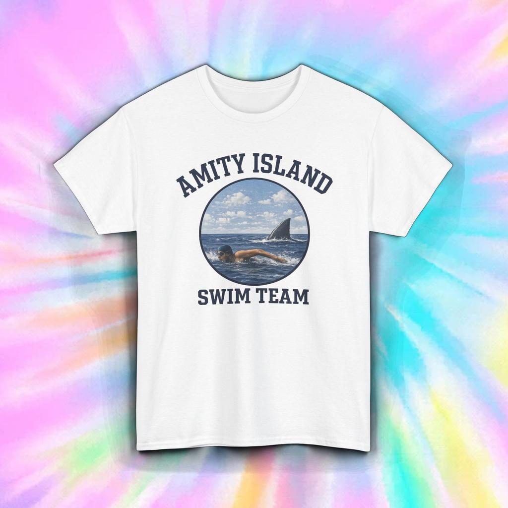 Amity Island Swim Team Funny Shark Movie Parody Beach Shirt S-5XL