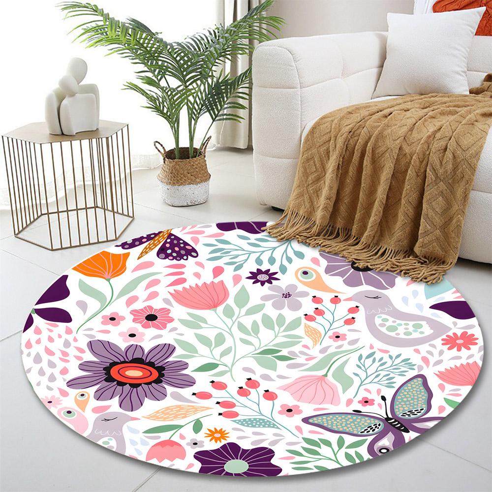 Floral and Nature Pattern with Birds & Butterflies Print round rug, living room, bedroom, playroom carpet, non slip floor mat, gift