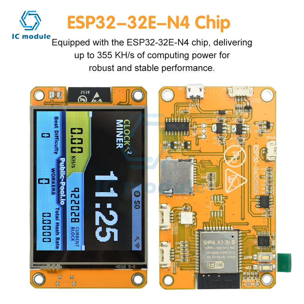 Плата разработки ESP32 с 2,8-дюймовым OLED-дисплеем ESP32-2432S028 Lucky Miner Хешрейт 355 kH/s Работа с хешрейтом через Micro USB