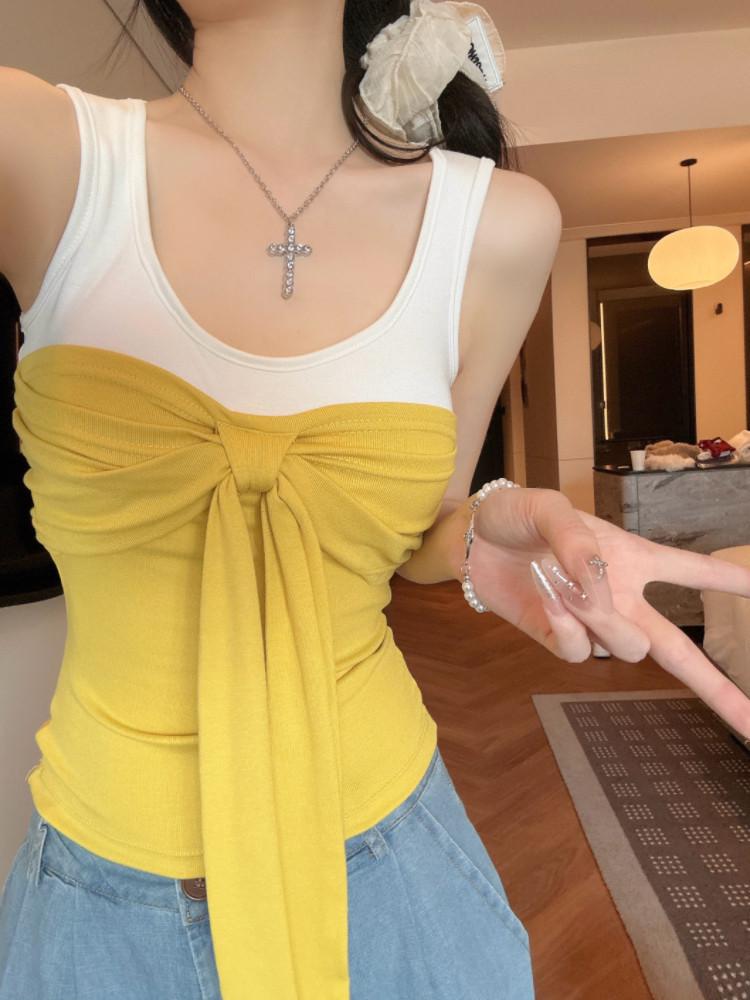 Women's Color-Block Camisole with Chest Pads, Bow Tie Design, for Spring and Summer.