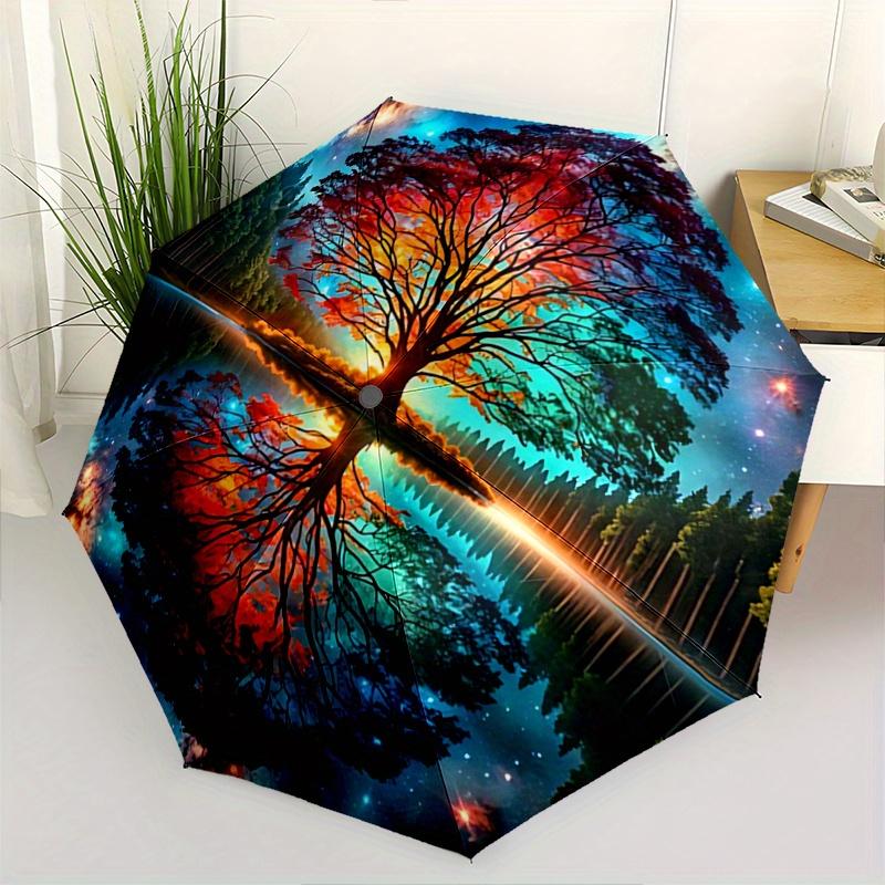 1pc The Enchanted Tree in a Dreamlike Forest Pattern Beautiful Looking Automatic Folding Umbrella, 3 Folding, 8 Iron Frame Design, Durable and Su