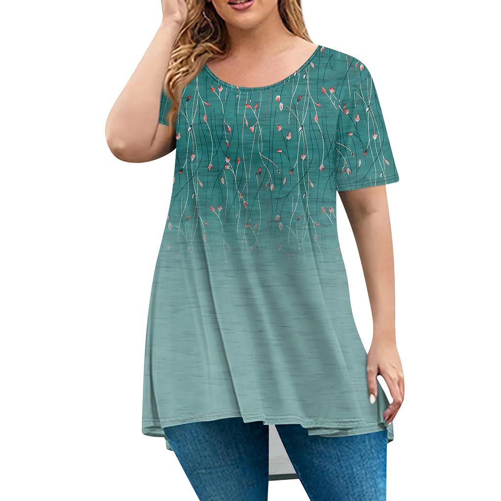 Women's Fashion Large Size Round Neck Short Sleeve Casual Print Loose Pullover Top