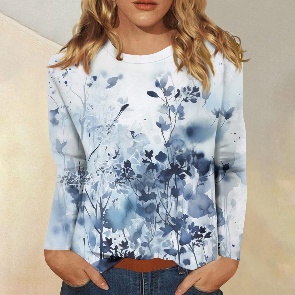 Женская модная повседневная футболка с круглым вырезом и длинным рукавом с принтом, топ